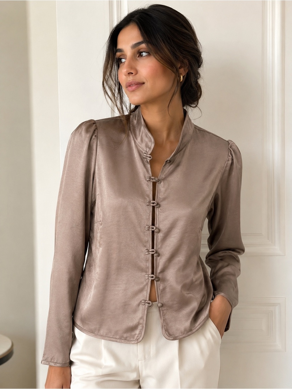 Wilfred Satin Mandarin-Collar Jacket in Taupe
